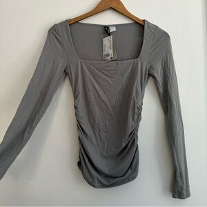 H&M Gray Ruched Long Sleeve Square Neck Top Small